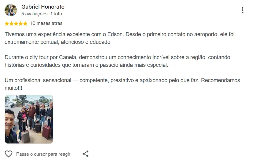 Avaliação de cliente sobre o passeio